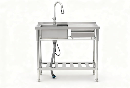 39" Stainless Steel Commercial Kitchen Sink Station with Pull-Down Faucet, Storage Rack, free Standing, wtih one drawer