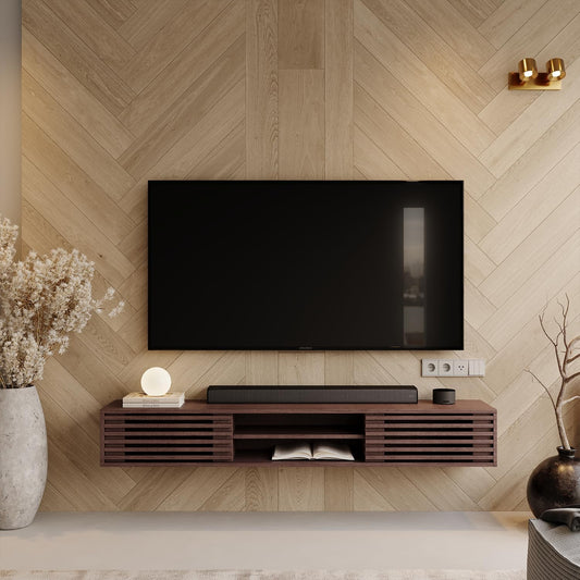 Floating TV Stand with Sliding Doors 47'',Wall Mounted TV Shelf,Floating Entertainment Center Under TV Shelf for Wall Bedroom Living Room,Walnut
