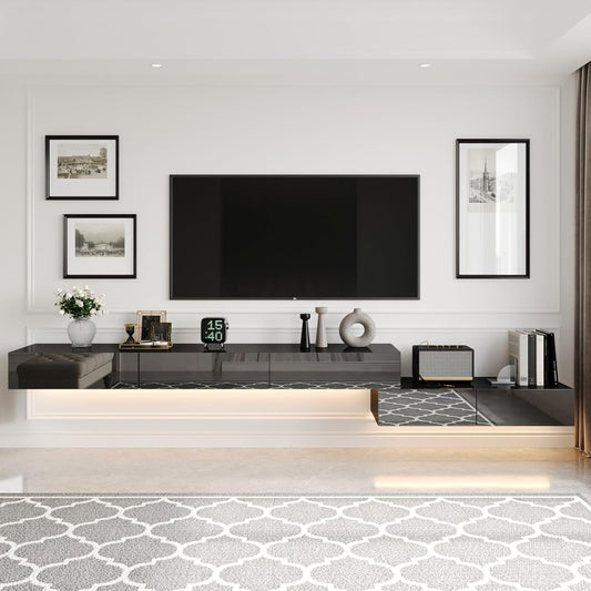 MOUMON Floating TV Console Media Console with High Gloss Drawers & Lights, Modern Wall Mounted TV Stand for Living Room Black (63”+31.5”W x 11.2”D x 5.9”H)