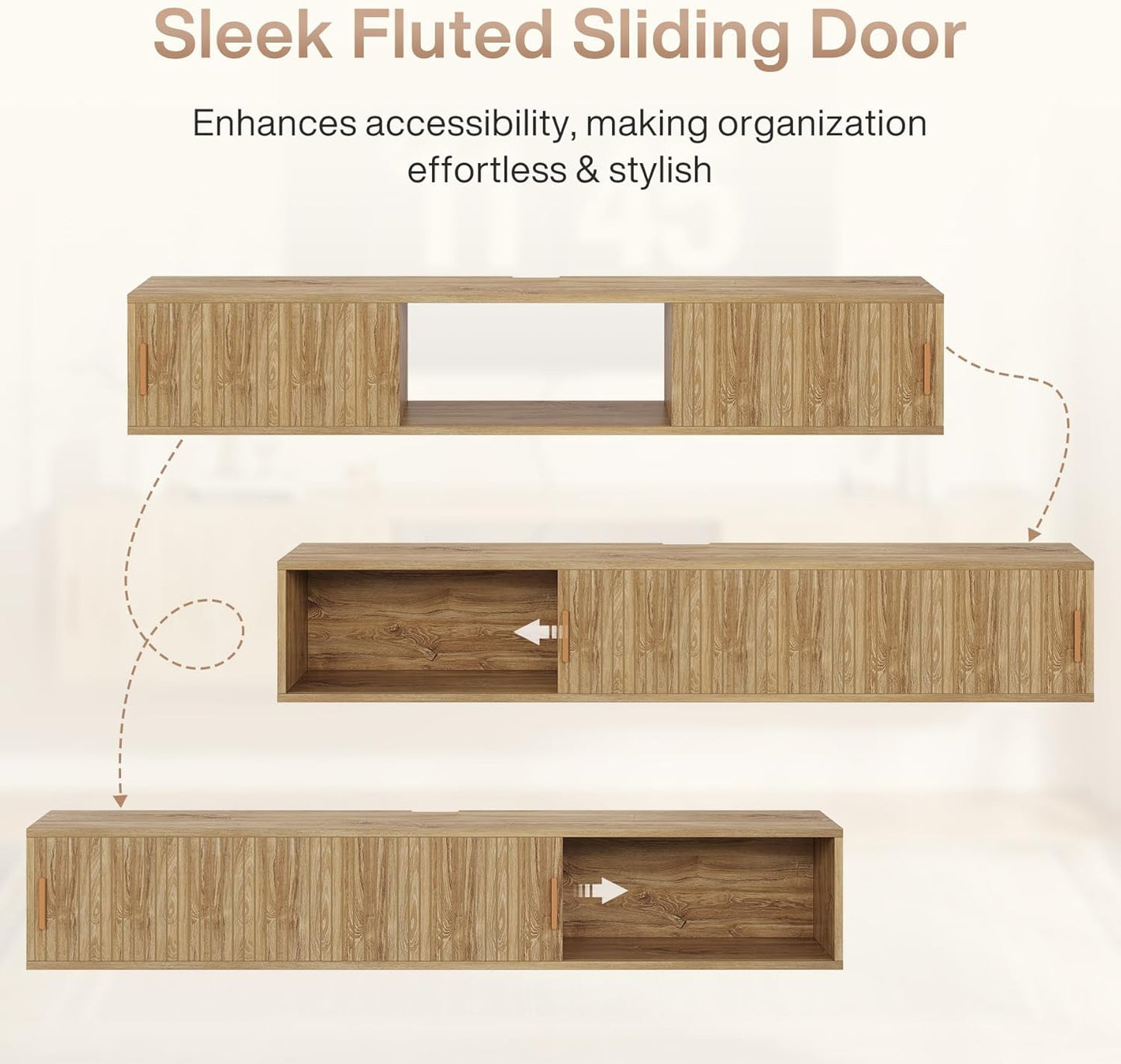 Tribesigns Floating TV Stand Wall Mounted, 71" Floating Entertainment Center with Fluted Sliding Doors, Modern Large Storage TV Shelf Cabinet for Living Room, Bedroom, Oak