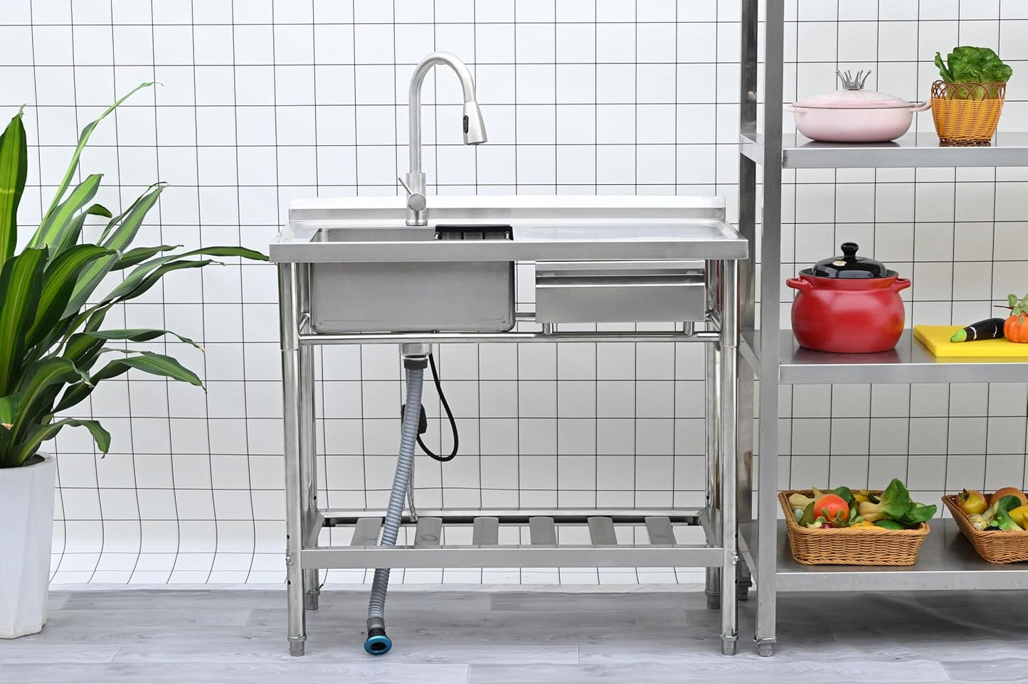 39" Stainless Steel Commercial Kitchen Sink Station with Pull-Down Faucet, Storage Rack, free Standing, wtih one drawer