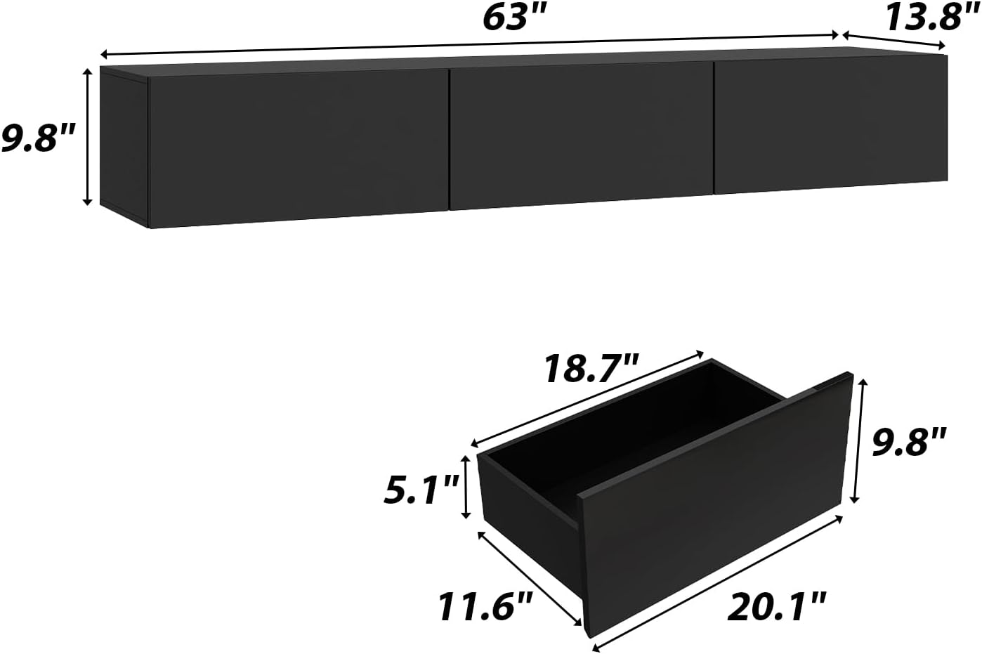 63” Floating TV Stand High Gloss TV Console with LED Lights, Wall Mount TV Console Table with 3 High Gloss Drawers, Floating Media Console for Living Room, Black, 13.8”D x 63”W x 9.8”H