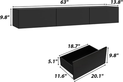 63” Floating TV Stand High Gloss TV Console with LED Lights, Wall Mount TV Console Table with 3 High Gloss Drawers, Floating Media Console for Living Room, Black, 13.8”D x 63”W x 9.8”H