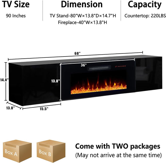 AMERLIFE Floating TV Stand with 36" Electric Fireplace, High Gloss Finish Wall Mounted Fireplace Entertainment Center with Storage for TVs Up to 78", Black
