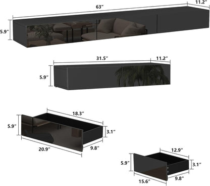MOUMON Floating TV Console Media Console with High Gloss Drawers & Lights, Modern Wall Mounted TV Stand for Living Room Black (63”+31.5”W x 11.2”D x 5.9”H)