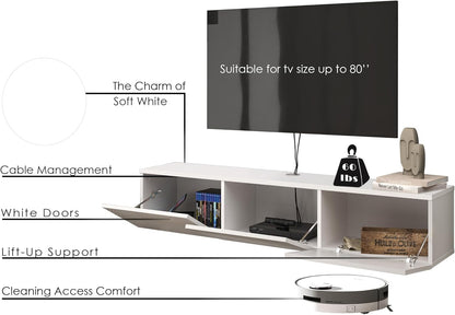 Atelier Mobili White Floating TV Console, Wall Mounted TV Stand for Up to 75 Inch TV, Floating Entertainment Center with Shelf