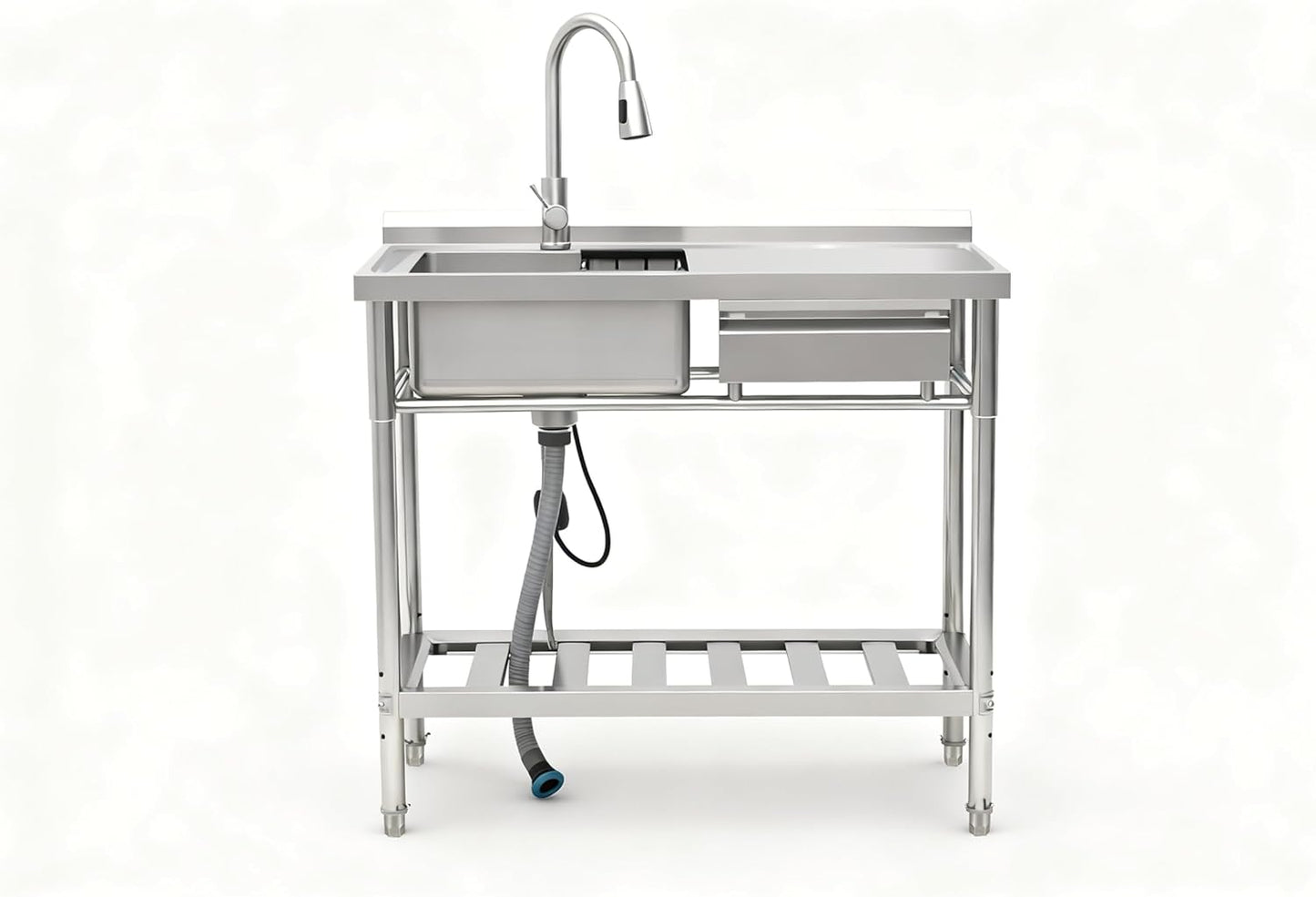 39" Stainless Steel Commercial Kitchen Sink Station with Pull-Down Faucet, Storage Rack, free Standing, wtih one drawer