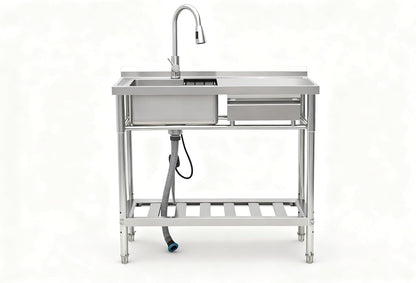 39" Stainless Steel Commercial Kitchen Sink Station with Pull-Down Faucet, Storage Rack, free Standing, wtih one drawer