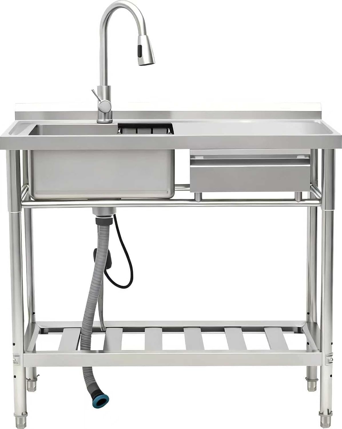 39" Stainless Steel Commercial Kitchen Sink Station with Pull-Down Faucet, Storage Rack, free Standing, wtih one drawer