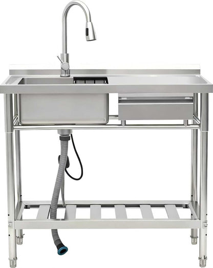 39" Stainless Steel Commercial Kitchen Sink Station with Pull-Down Faucet, Storage Rack, free Standing, wtih one drawer