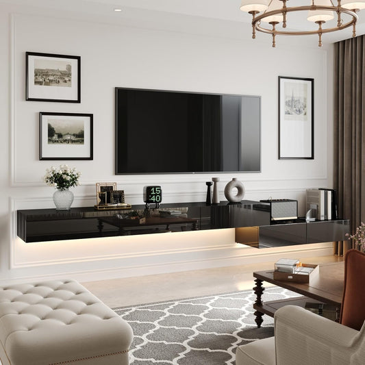 MOUMON Floating TV Console Media Console with High Gloss Drawers & Lights, Modern Wall Mounted TV Stand for Living Room Black (63”+31.5”W x 11.2”D x 5.9”H)