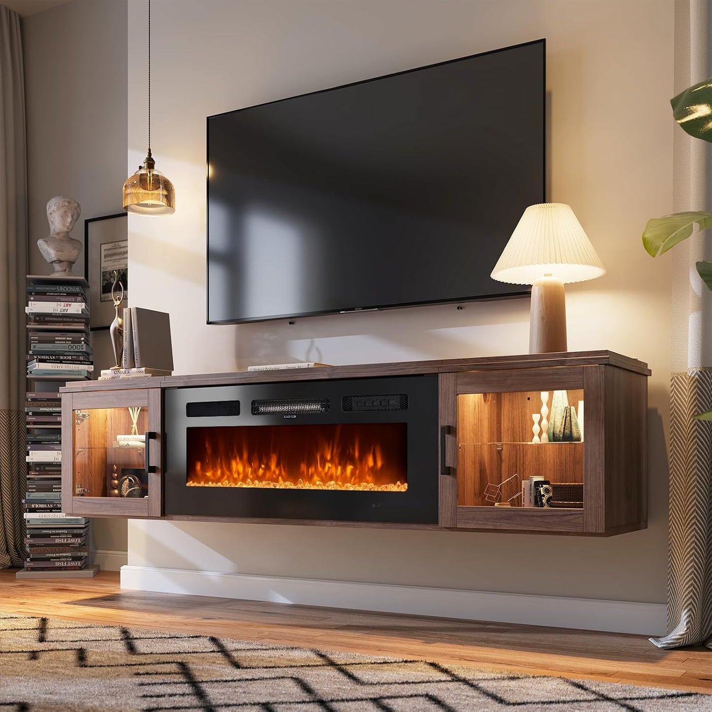 70" Floating TV Stand with 36" Electric Fireplace, High Gloss Finish Wall Mounted Fireplace Entertainment Center with Storage for TVs Up to 80", Black TV Stand and Black Fireplace