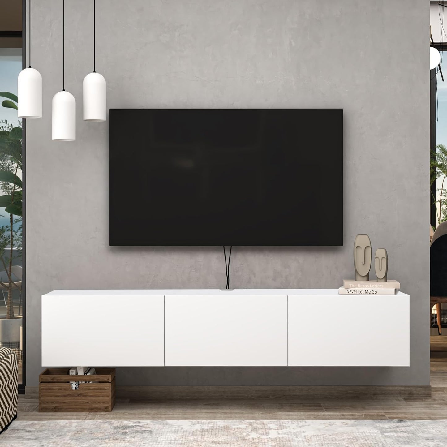 Atelier Mobili White Floating TV Console, Wall Mounted TV Stand for Up to 75 Inch TV, Floating Entertainment Center with Shelf