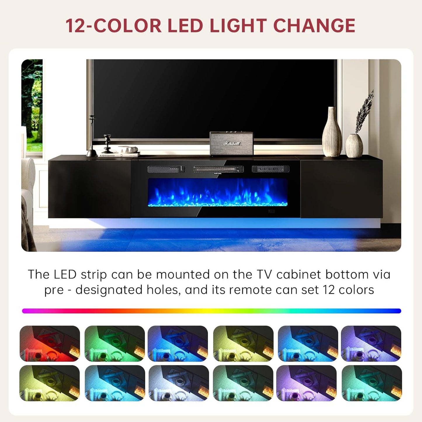 oneinmil 70" Floating TV Stand with 36" Electric Fireplace, Wall Mounted Fireplace Entertainment Center with Storage, Fire Place TV Console for Living Room, All Black