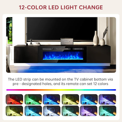 oneinmil 70" Floating TV Stand with 36" Electric Fireplace, Wall Mounted Fireplace Entertainment Center with Storage, Fire Place TV Console for Living Room, All Black