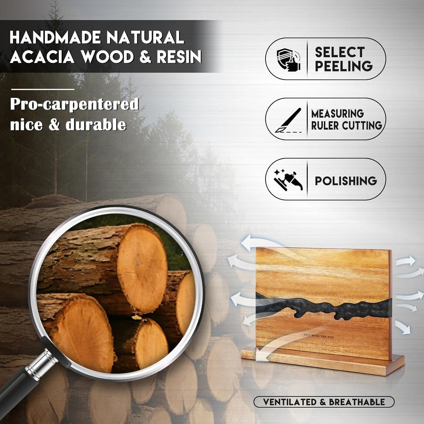 MEN WITH THE POT Magnetic Knife Block Holder Rack, 13 x 10 Inches Wood Magnetic Stands with Strong Double Sided Magnets, Multifunctional Black Epoxy Storage Cooking Knife Holder for Home Kitchen