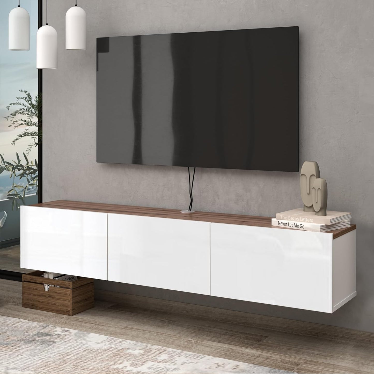 Atelier Mobili White Floating TV Console, Wall Mounted TV Stand for Up to 75 Inch TV, Floating Entertainment Center with Shelf