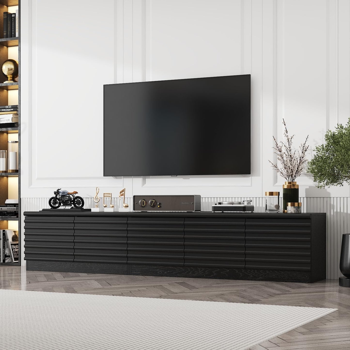 63” Floating TV Stand High Gloss TV Console with LED Lights, Wall Mount TV Console Table with 3 High Gloss Drawers, Floating Media Console for Living Room, Black, 13.8”D x 63”W x 9.8”H