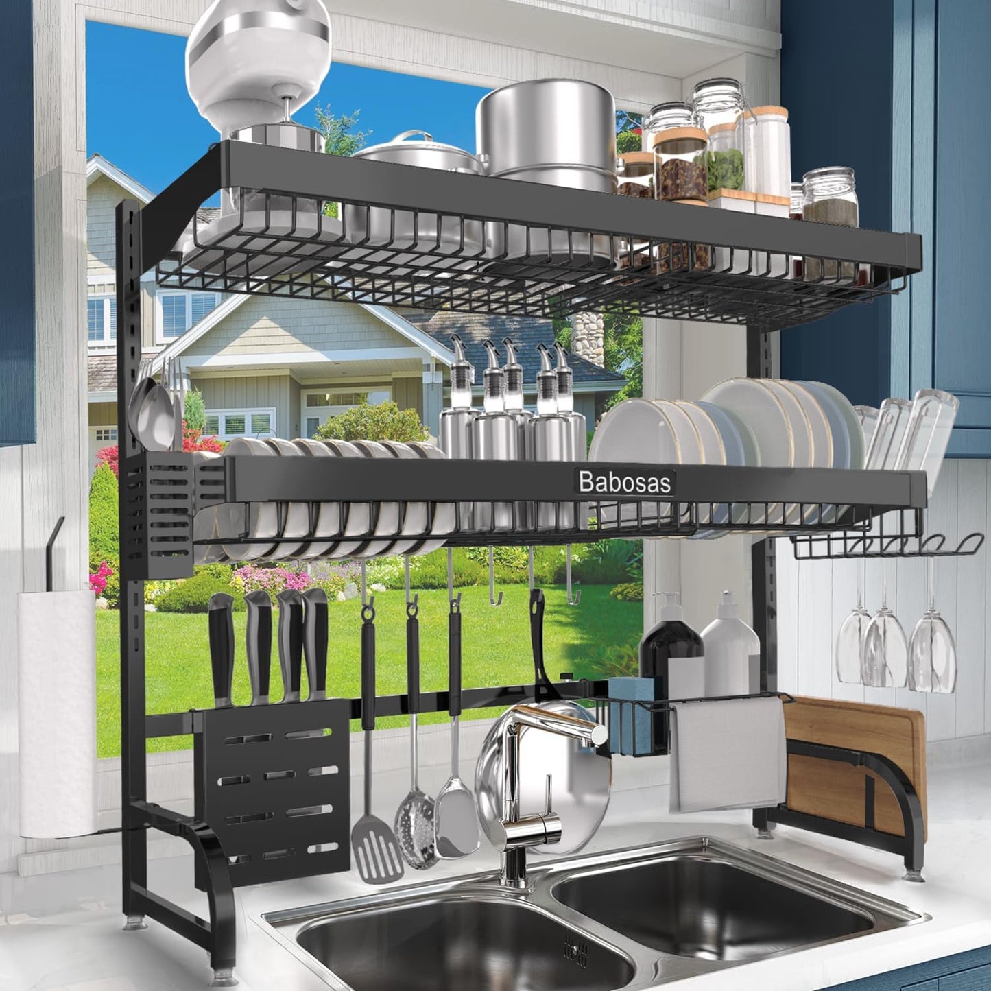 Over The Sink Dish Drying Rack,3 Tier Adjustable Length (25.5'' to 37.4'') Full Stainless Steel Large Storage Kitchen Dish Rack,For Kitchen Counter Expandable Multifunctional Organizers,Silver