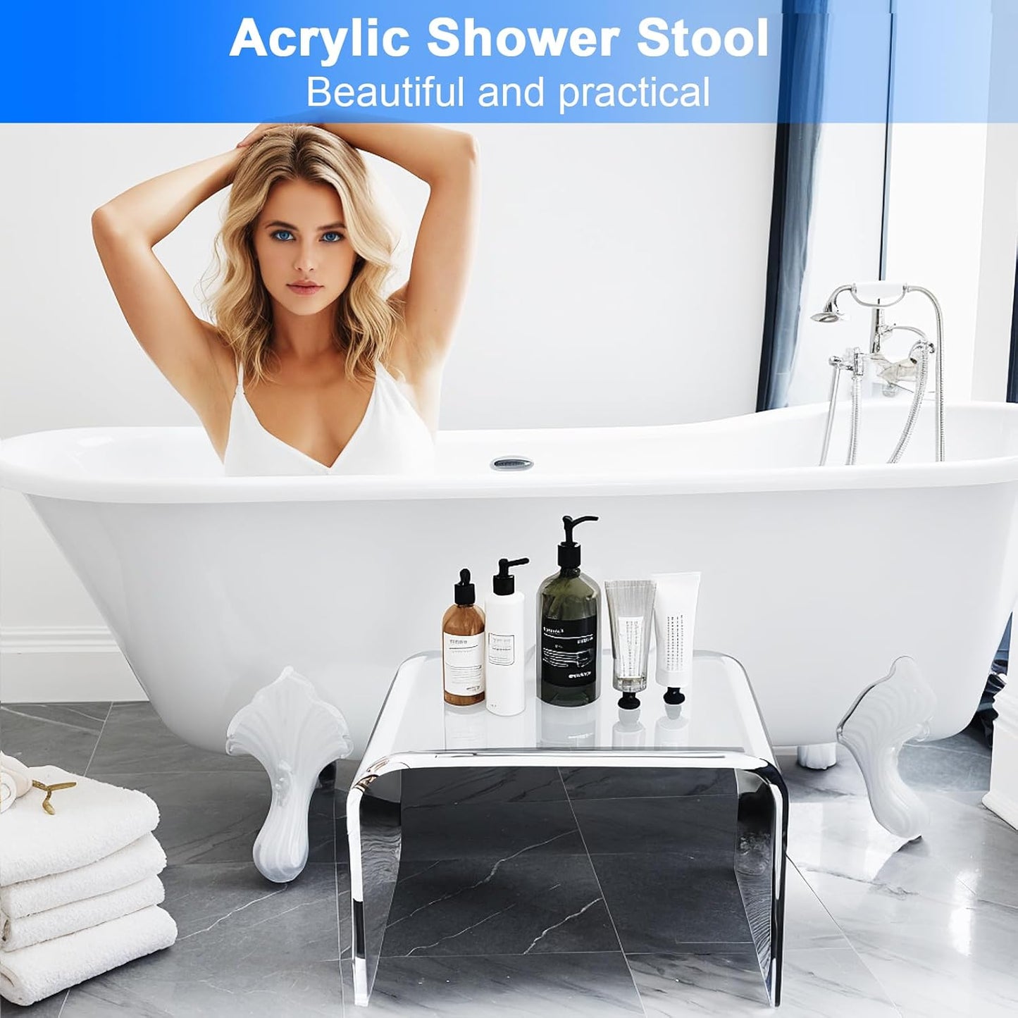 Acrylic Step Stool,Acrylic Stools,Clear Step Stools with Non-Slip for Bathroom,Holds Up to 250lbs (No Non-Slip Stool, Pack of 2)