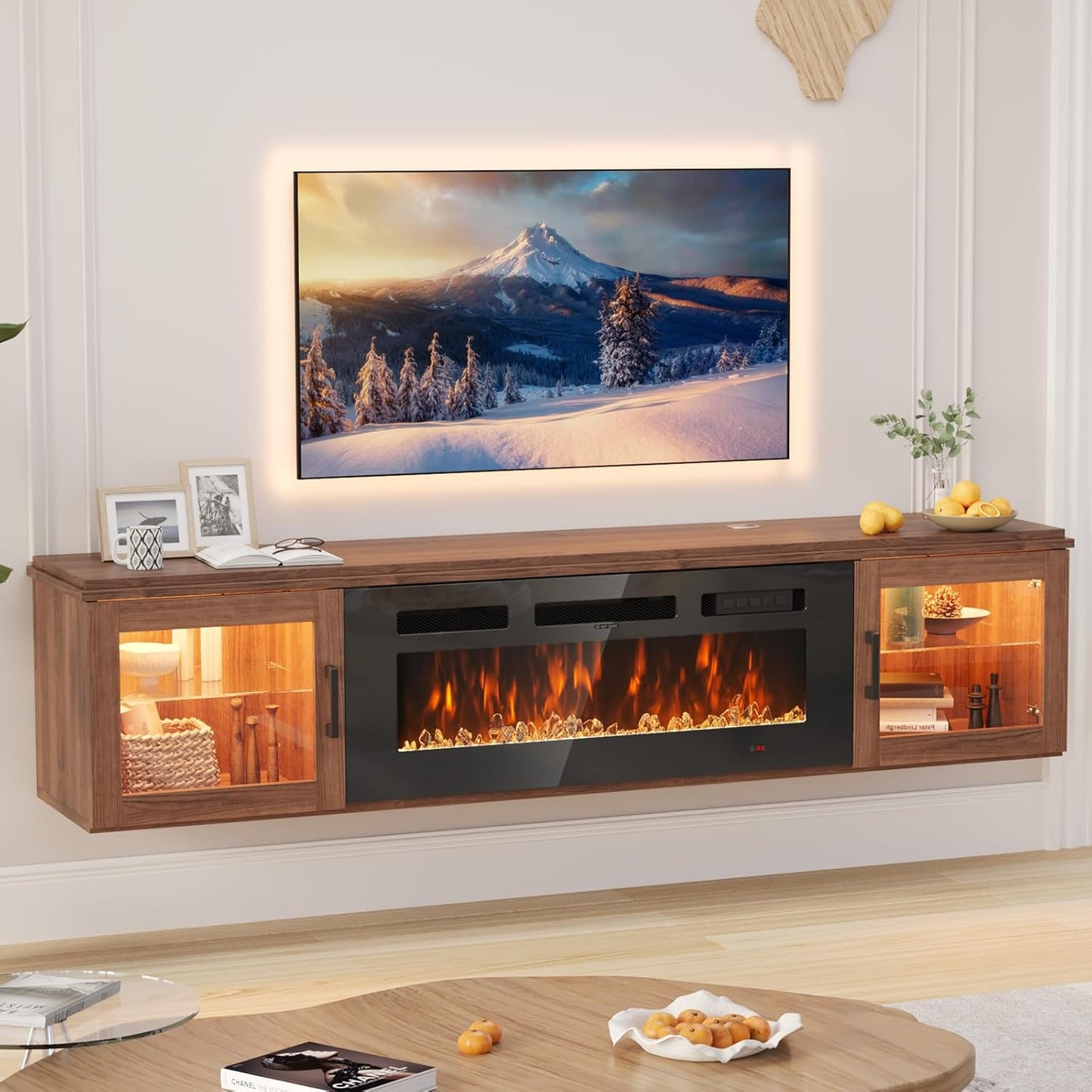 70" Floating TV Stand with 36" Electric Fireplace, High Gloss Finish Wall Mounted Fireplace Entertainment Center with Storage for TVs Up to 80", Black TV Stand and Black Fireplace