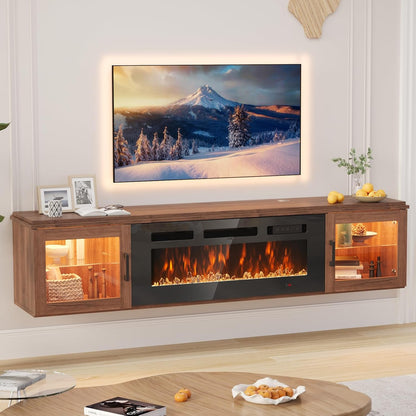 70" Floating TV Stand with 36" Electric Fireplace, High Gloss Finish Wall Mounted Fireplace Entertainment Center with Storage for TVs Up to 80", Black TV Stand and Black Fireplace