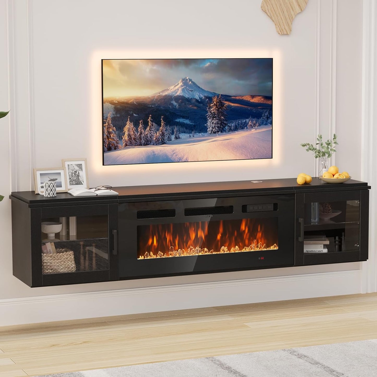 70" Floating TV Stand with 36" Electric Fireplace, High Gloss Finish Wall Mounted Fireplace Entertainment Center with Storage for TVs Up to 80", Black TV Stand and Black Fireplace