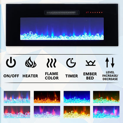 AMERLIFE Floating TV Stand with 36" Electric Fireplace, High Gloss Finish Wall Mounted Fireplace Entertainment Center with Storage for TVs Up to 78", Black