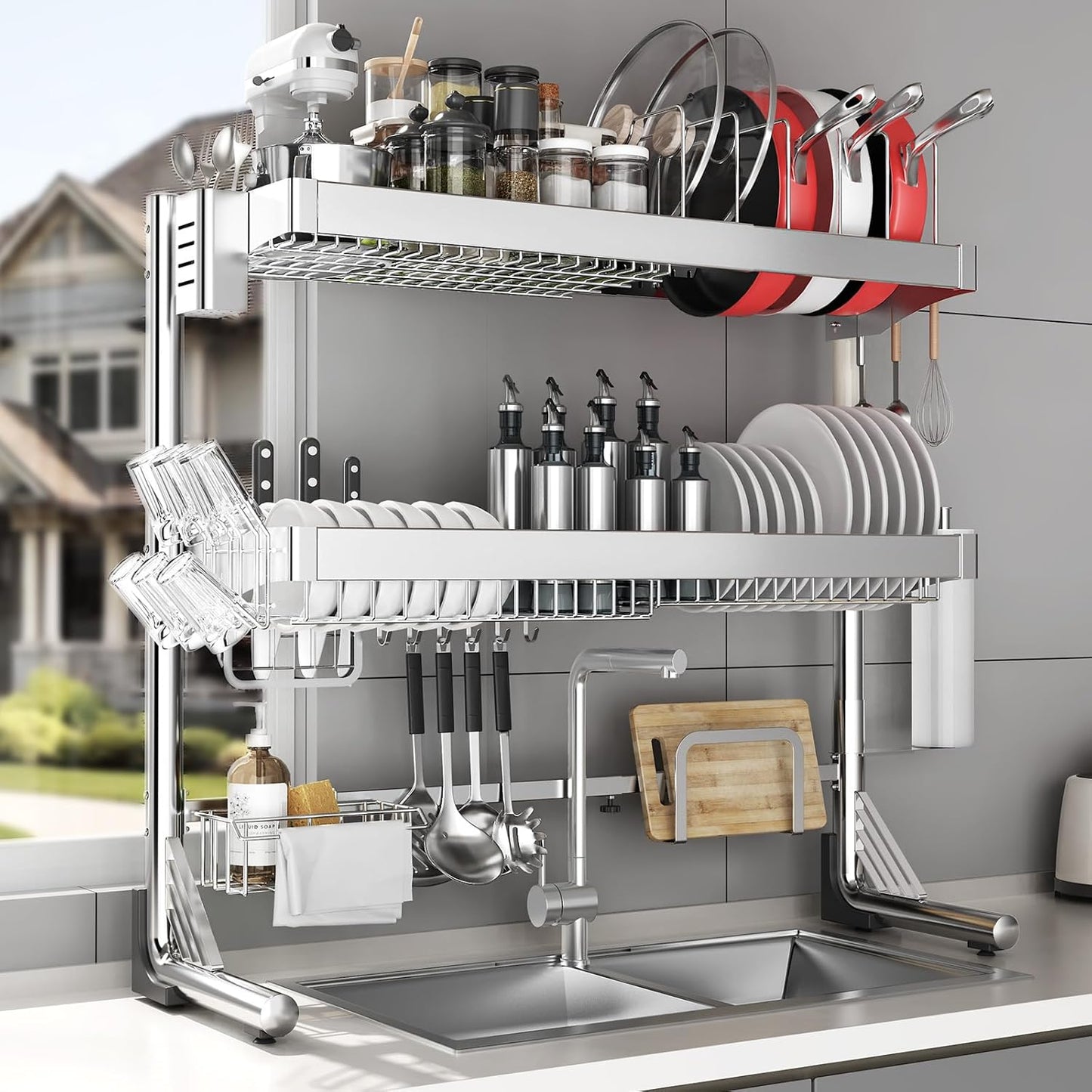 Over The Sink Dish Drainer Drying Rack 3 Tier, Full Stainless Steel Dish Drying Rack Adjustable Length 20.9''-37.4'', Kitchen Sink Shelf, Organized Space-Saving Dish Rack