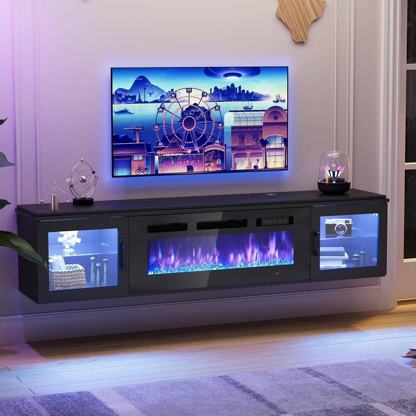 70" Floating TV Stand with 36" Electric Fireplace, High Gloss Finish Wall Mounted Fireplace Entertainment Center with Storage for TVs Up to 80", Black TV Stand and Black Fireplace