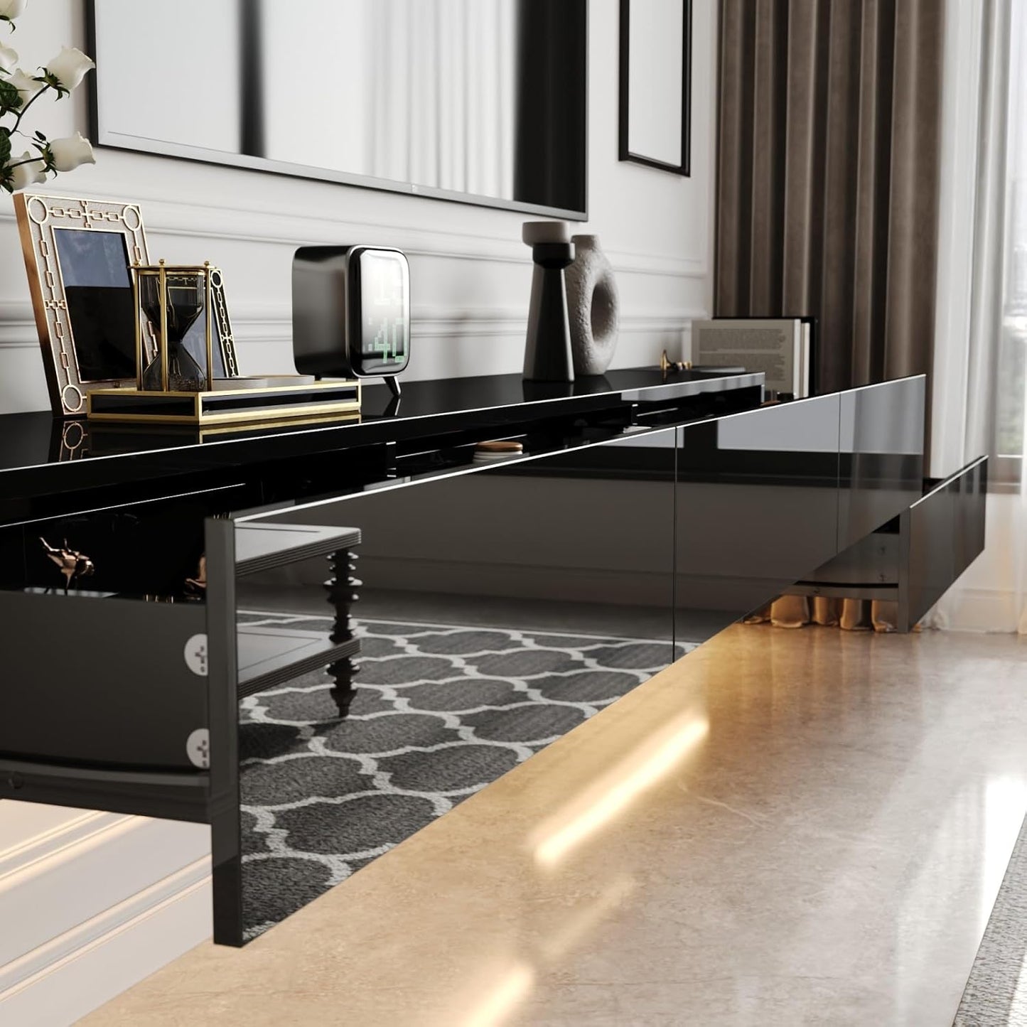 MOUMON Floating TV Console Media Console with High Gloss Drawers & Lights, Modern Wall Mounted TV Stand for Living Room Black (63”+31.5”W x 11.2”D x 5.9”H)