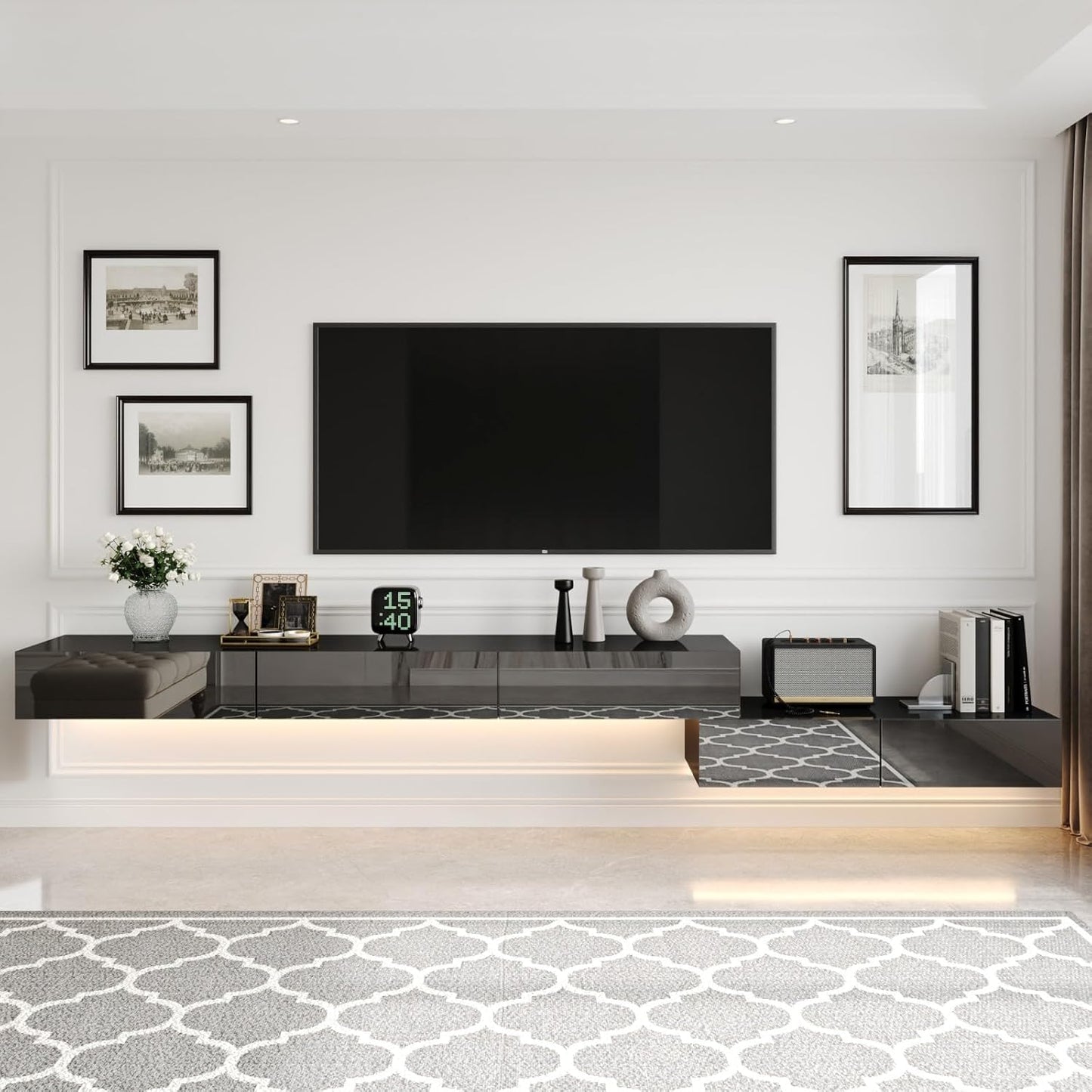 MOUMON Floating TV Console Media Console with High Gloss Drawers & Lights, Modern Wall Mounted TV Stand for Living Room Black (63”+31.5”W x 11.2”D x 5.9”H)