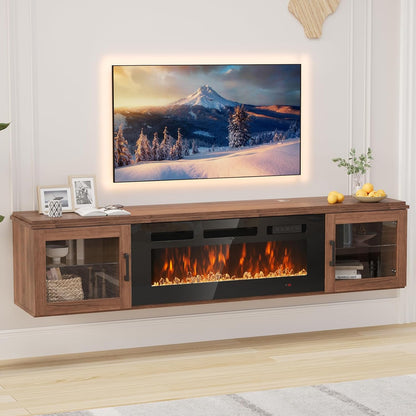 70" Floating TV Stand with 36" Electric Fireplace, High Gloss Finish Wall Mounted Fireplace Entertainment Center with Storage for TVs Up to 80", Black TV Stand and Black Fireplace