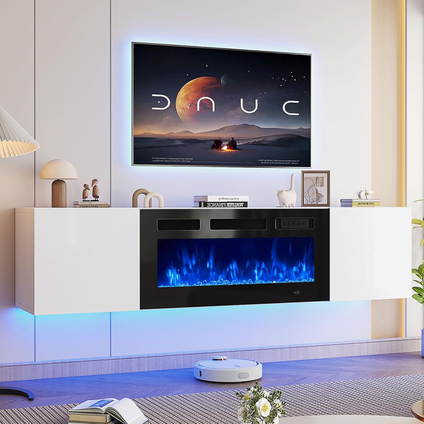 oneinmil 70" Floating TV Stand with 36" Electric Fireplace, Wall Mounted Fireplace Entertainment Center with Storage, Fire Place TV Console for Living Room, All Black