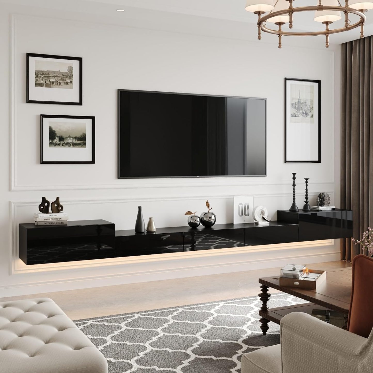 MOUMON Floating TV Console Media Console with High Gloss Drawers & Lights, Modern Wall Mounted TV Stand for Living Room Black (63”+31.5”W x 11.2”D x 5.9”H)