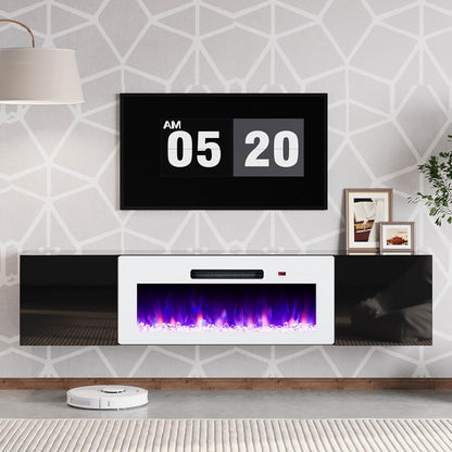 AMERLIFE Floating TV Stand with 36" Electric Fireplace, High Gloss Finish Wall Mounted Fireplace Entertainment Center with Storage for TVs Up to 78", Black
