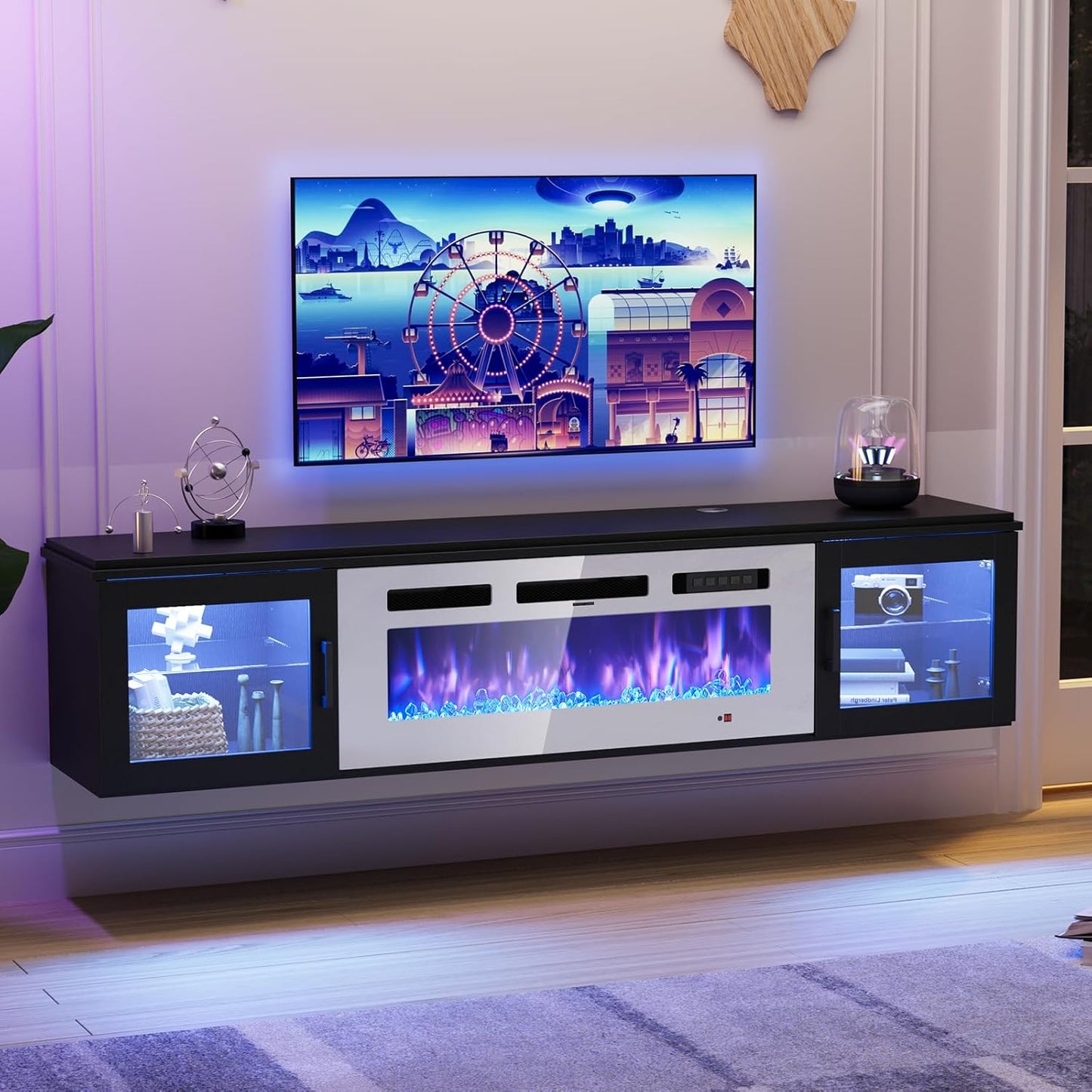 70" Floating TV Stand with 36" Electric Fireplace, High Gloss Finish Wall Mounted Fireplace Entertainment Center with Storage for TVs Up to 80", Black TV Stand and Black Fireplace