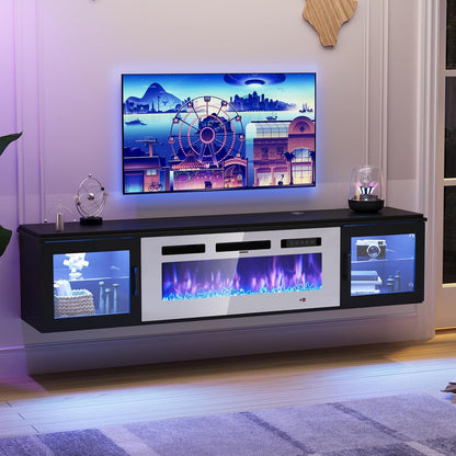 70" Floating TV Stand with 36" Electric Fireplace, High Gloss Finish Wall Mounted Fireplace Entertainment Center with Storage for TVs Up to 80", Black TV Stand and Black Fireplace