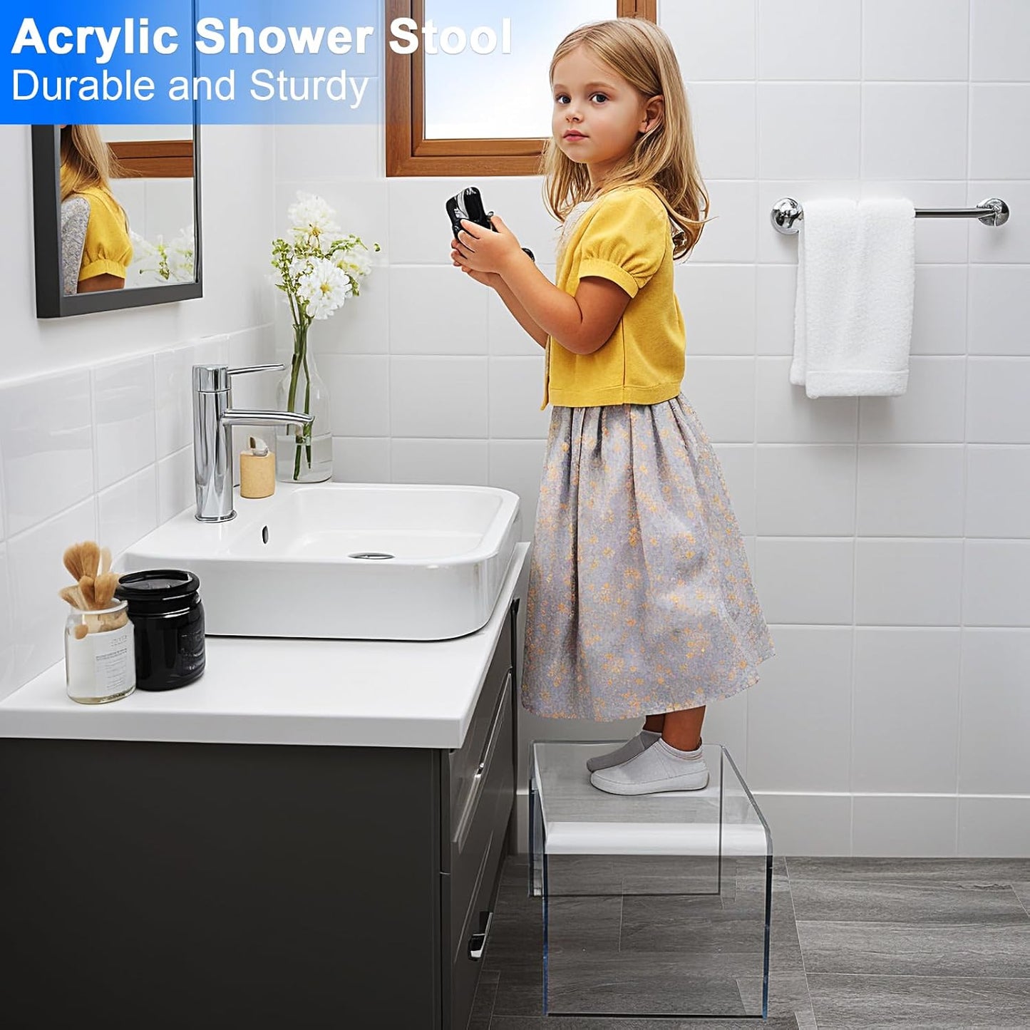 Acrylic Step Stool,Acrylic Stools,Clear Step Stools with Non-Slip for Bathroom,Holds Up to 250lbs (No Non-Slip Stool, Pack of 2)