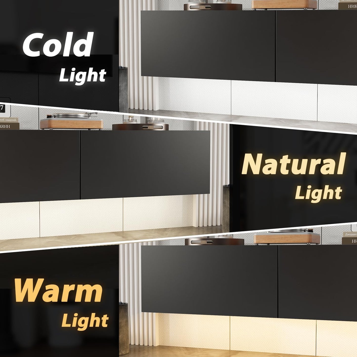 63” Floating TV Stand High Gloss TV Console with LED Lights, Wall Mount TV Console Table with 3 High Gloss Drawers, Floating Media Console for Living Room, Black, 13.8”D x 63”W x 9.8”H