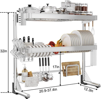 Over The Sink Dish Drainer Drying Rack 3 Tier, Full Stainless Steel Dish Drying Rack Adjustable Length 20.9''-37.4'', Kitchen Sink Shelf, Organized Space-Saving Dish Rack