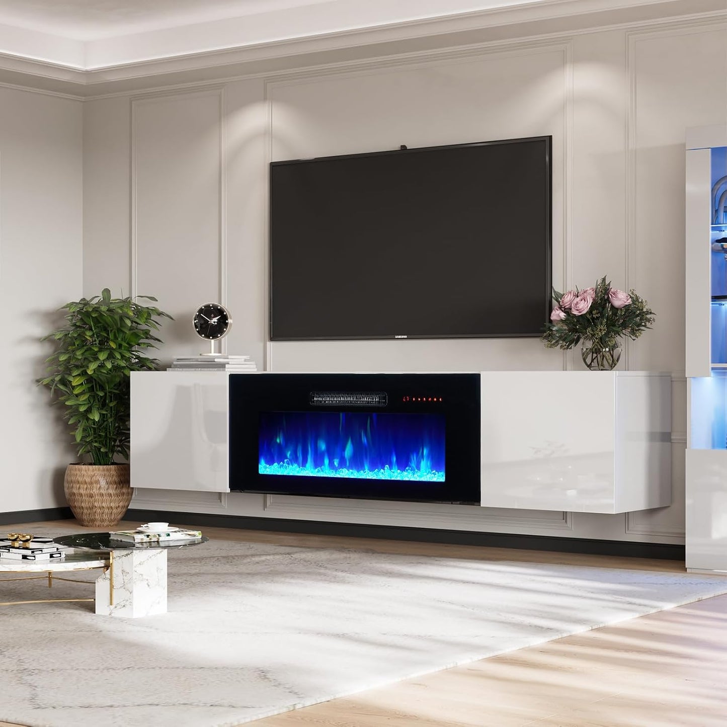 AMERLIFE Floating TV Stand with 36" Electric Fireplace, High Gloss Finish Wall Mounted Fireplace Entertainment Center with Storage for TVs Up to 78", Black