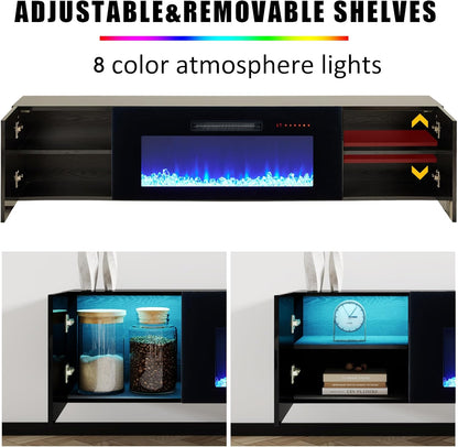 AMERLIFE Floating TV Stand with 36" Electric Fireplace, High Gloss Finish Wall Mounted Fireplace Entertainment Center with Storage for TVs Up to 78", Black
