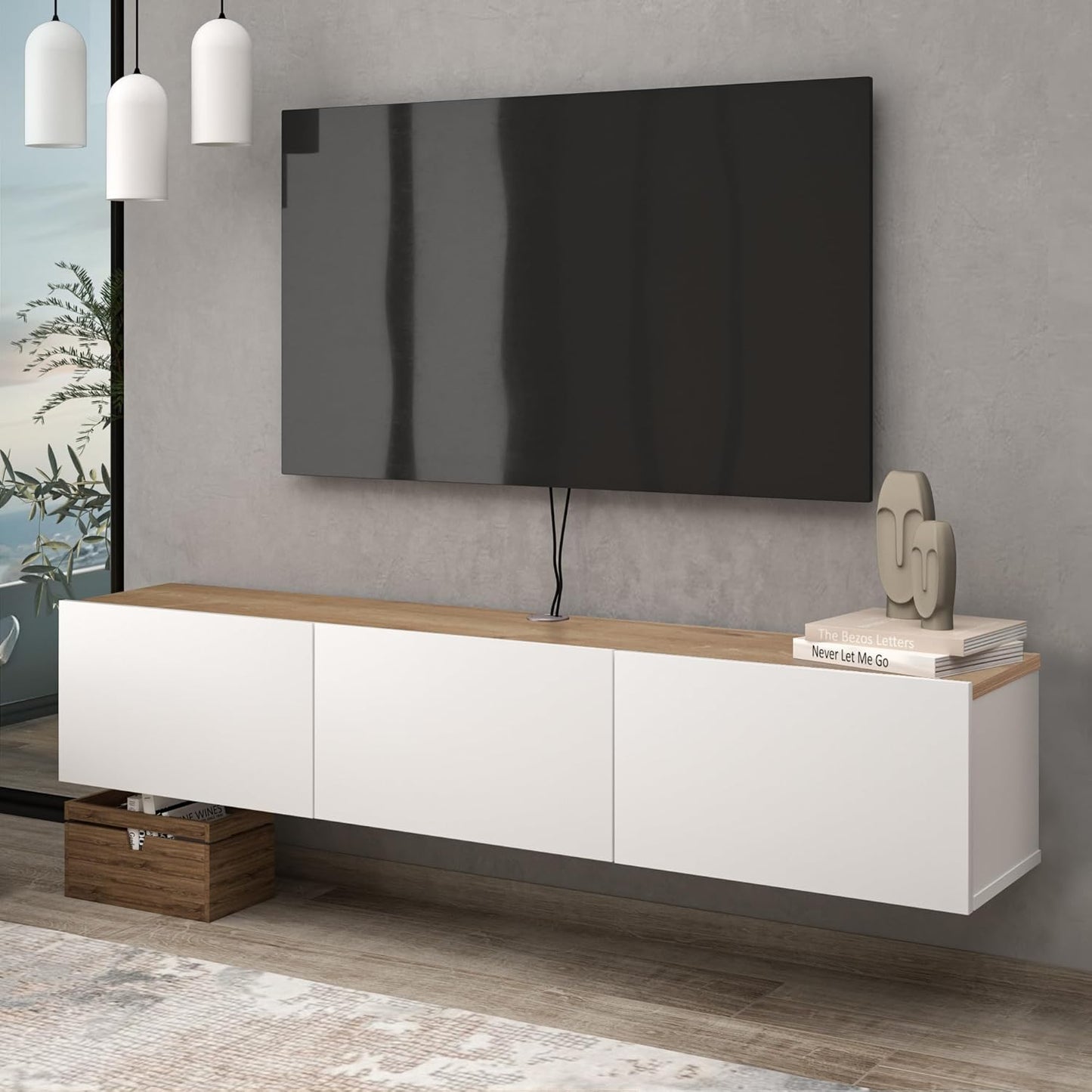 Atelier Mobili White Floating TV Console, Wall Mounted TV Stand for Up to 75 Inch TV, Floating Entertainment Center with Shelf