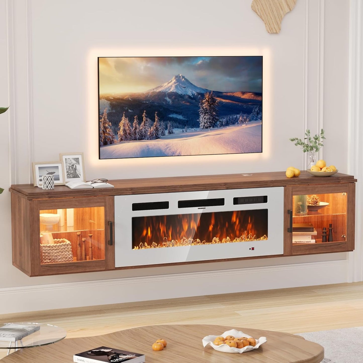 70" Floating TV Stand with 36" Electric Fireplace, High Gloss Finish Wall Mounted Fireplace Entertainment Center with Storage for TVs Up to 80", Black TV Stand and Black Fireplace