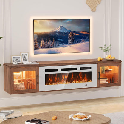 70" Floating TV Stand with 36" Electric Fireplace, High Gloss Finish Wall Mounted Fireplace Entertainment Center with Storage for TVs Up to 80", Black TV Stand and Black Fireplace