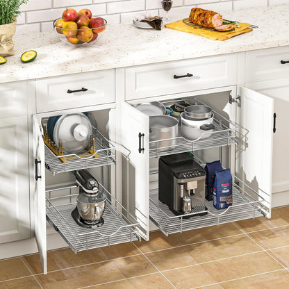 WelFurGeer 2-Tier Kitchen Cabinet Pullout Shelf and Drawer Organizer, Soft Close Pantry Pull Out Shelves, Heavy Duty Pull Out Cabinet Organizer with Shelf Liner for Kitchen Cabinets, Pantry Storage