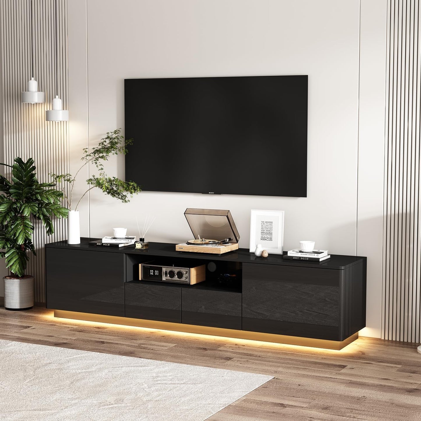 63” Floating TV Stand High Gloss TV Console with LED Lights, Wall Mount TV Console Table with 3 High Gloss Drawers, Floating Media Console for Living Room, Black, 13.8”D x 63”W x 9.8”H