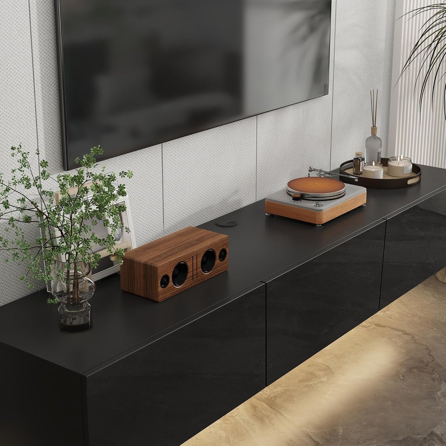 63” Floating TV Stand High Gloss TV Console with LED Lights, Wall Mount TV Console Table with 3 High Gloss Drawers, Floating Media Console for Living Room, Black, 13.8”D x 63”W x 9.8”H