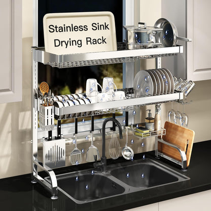 3 Tier Extra Large Stainless Steel Expandable Over The Sink Dish Drainer Drying Rack, Rust Proof Metal, Space Saving, Modern Silver Big Capacity Extendable Plate Strainers Above Kitchen Counter